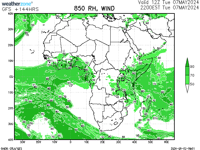7-day GFS model weather forecast of isobars and rain -  