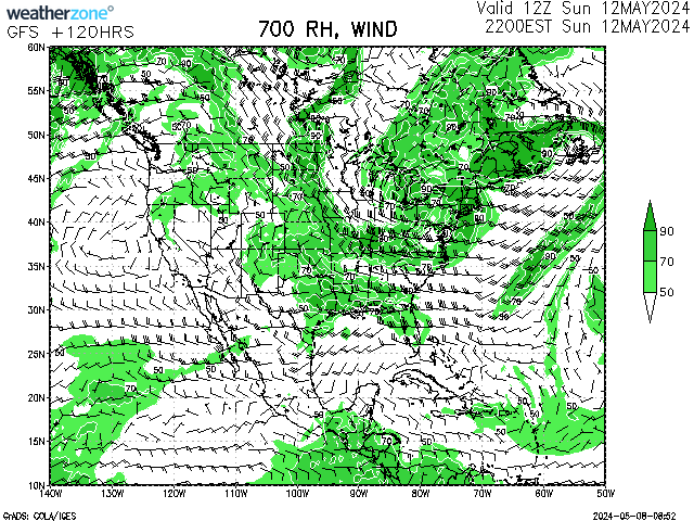 7-day GFS model weather forecast of isobars and rain -  